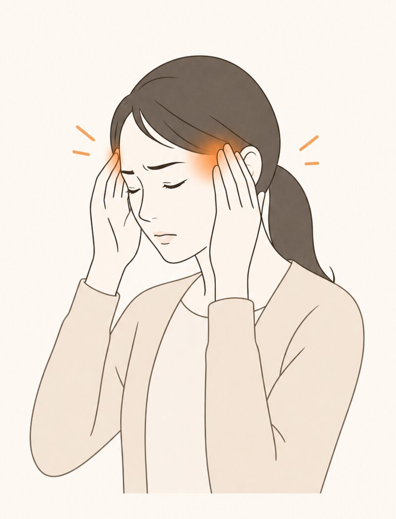 こめかみを両手で押さえている女性のイラスト。側頭部が赤く示されている
